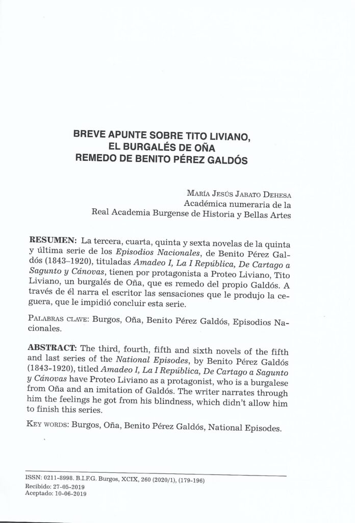 Breve apunte sobre Tito Liviano, el burgalés de Oña, remedo de Benito Pérez Galdós