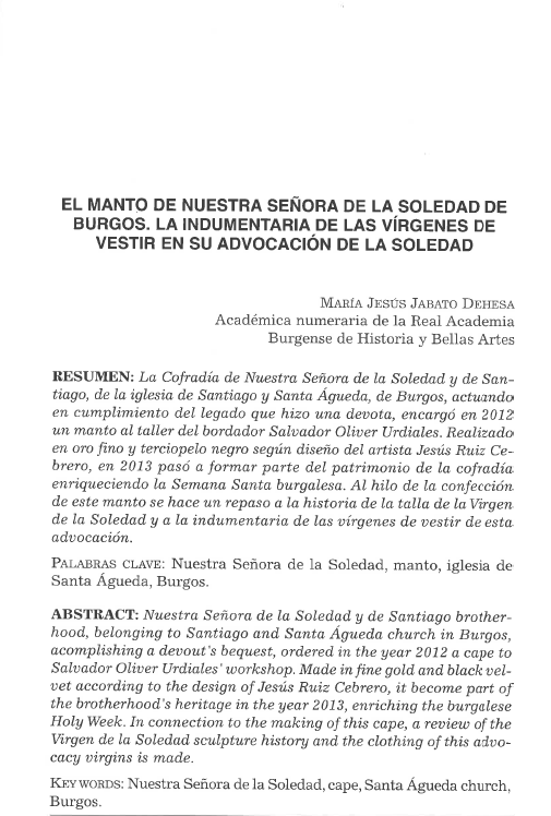El manto de Nuestra Señora de la Soledad de Burgos. La indumentaria de las vírgenes de vestir en su advocación de la Soledad.